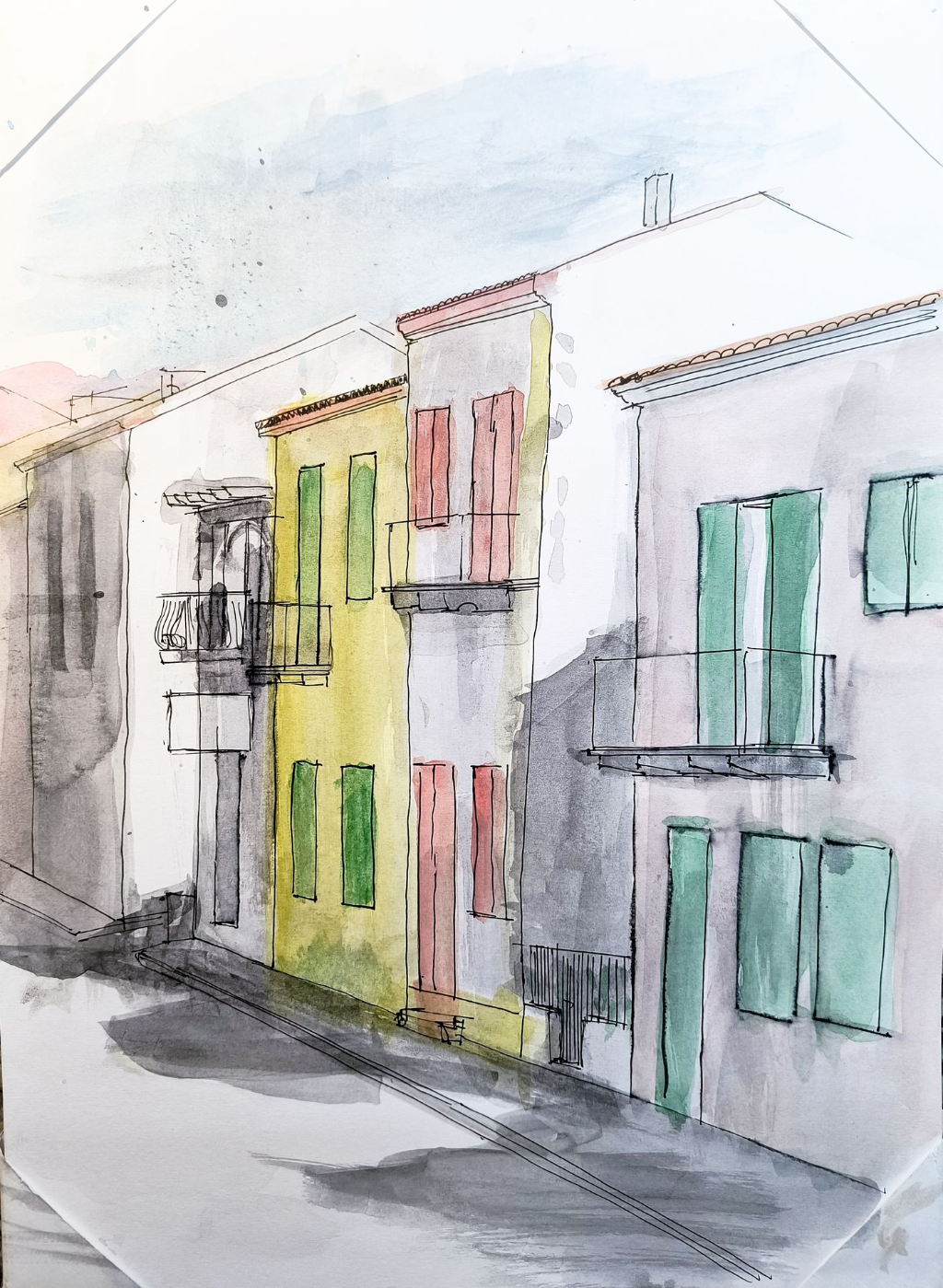 Watercolor drawing of my balcony view in Santa Teresa di Gallura, Sardegna, Italy.