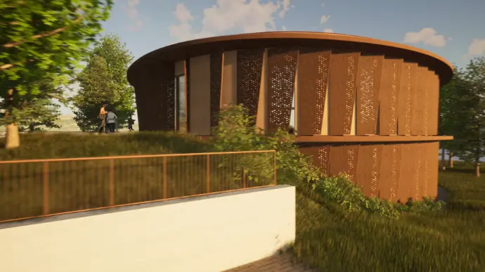 Render of a public building with corten steel