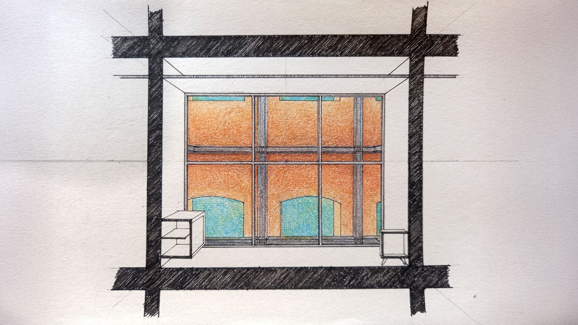 Architectural sketch made in color pencil and ink